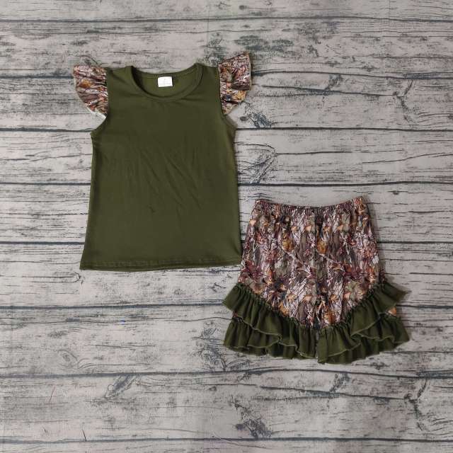 Girls Dark Green Short Sleeve Set Flying Sleeve Lace Shorts Set summer boutique Set