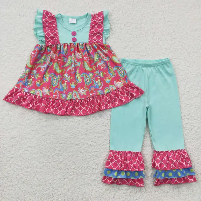 C3-21 Girls Rose Red Buckle Lace Sleeve Light Green Pants Summer Set