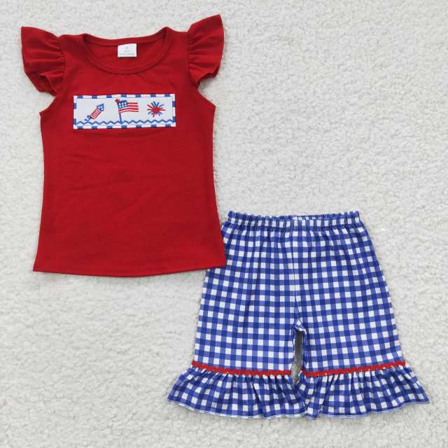 GSSO0193 Girls Embroidered National Day Fireworks Red Short Sleeve Blue Gird Shorts Set