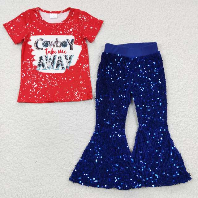 GT0105  P0077 Girls COWBOY red short-sleeved top royal blue sequined trousers