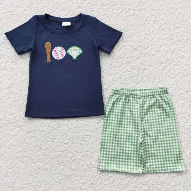 BSSO0194 Boys Embroidered Playing Baseball Navy Blue Short Sleeve Green Gird Shorts Set