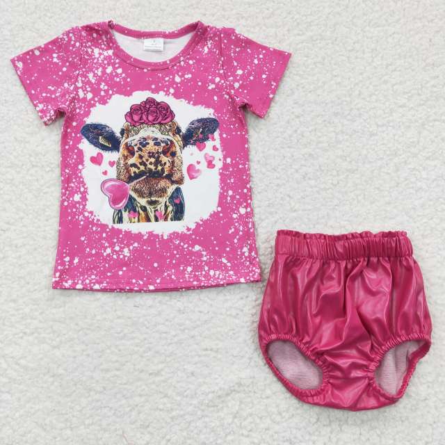 GT0111 SS0049 Girls love cow flower rose red short-sleeved top top bright leather rose red briefs