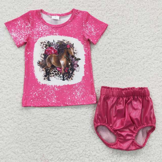 GT0122  SS0049 Girls horse flower rose red short-sleeved top bright leather rose red briefs