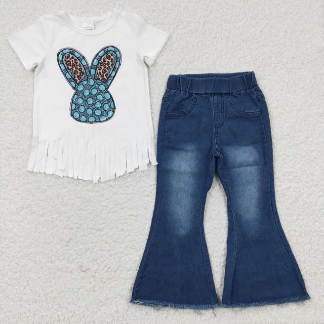 GT0136   P0070 Girls Gem Bunny White Fringe Short Sleeve Top Blue Bleach Denim Flared Pants