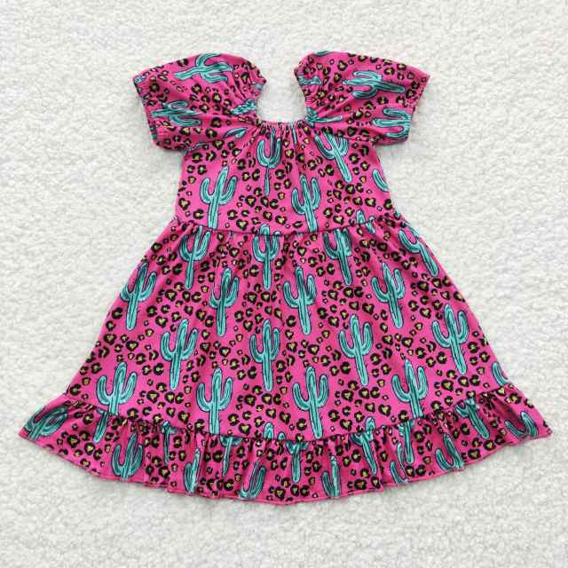 GSD0305 Girls Catcus Rose Red Leopard Short Sleeve Summer Dress