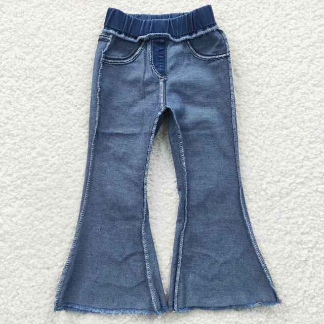 P0070 Girls Blue Bleached Denim Flare Pants Summer