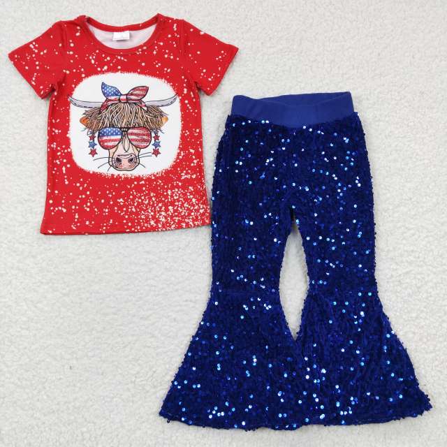 GT0114  P0077 Girls' National Day Cow Sunglasses Red Short-sleeved Top Sapphire Blue Sequined Trousers