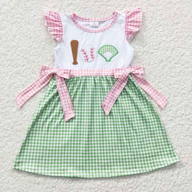 GSD0278 Girls Pink Embroidery Playing Baseball Green Gild Short Sleeve Summer Dress