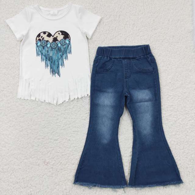 GT0137   P0070 Girls Heart Gemstone Tassel White Short Sleeve Top Blue Bleach Denim Flare Trousers