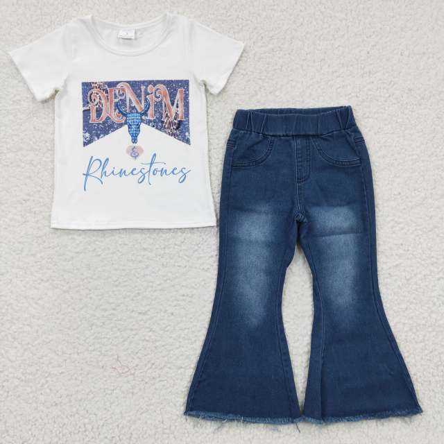 GT0133   P0070 Girls DENIM blue bull head white short-sleeved top blue bleached denim flared trousers