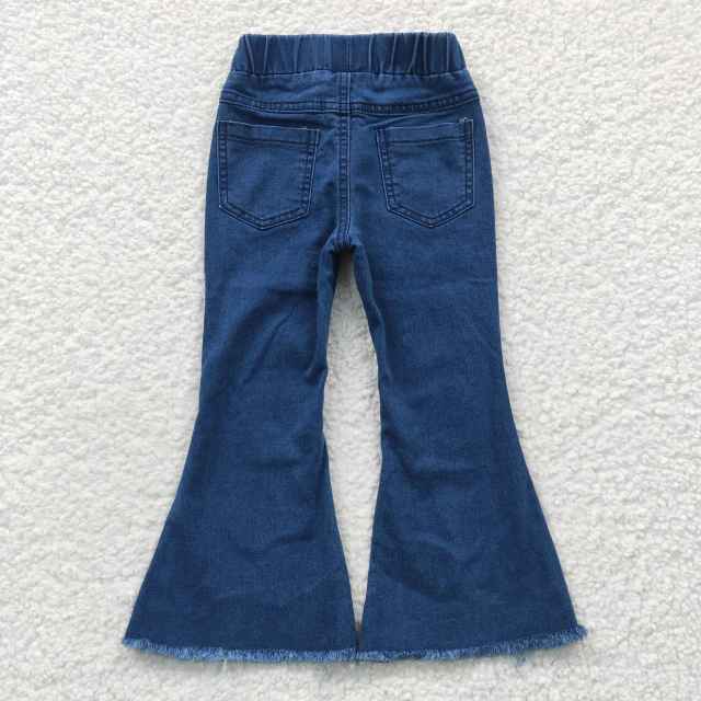 P0070 Girls Blue Bleached Denim Flare Pants Summer