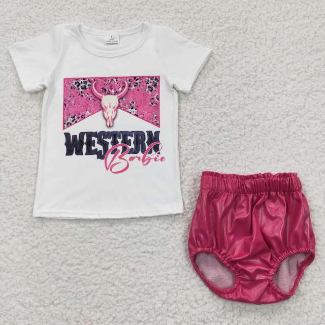 GT0134 SS0049 Girls WESTERN pink bull head white short-sleeved top top bright leather rose red briefs