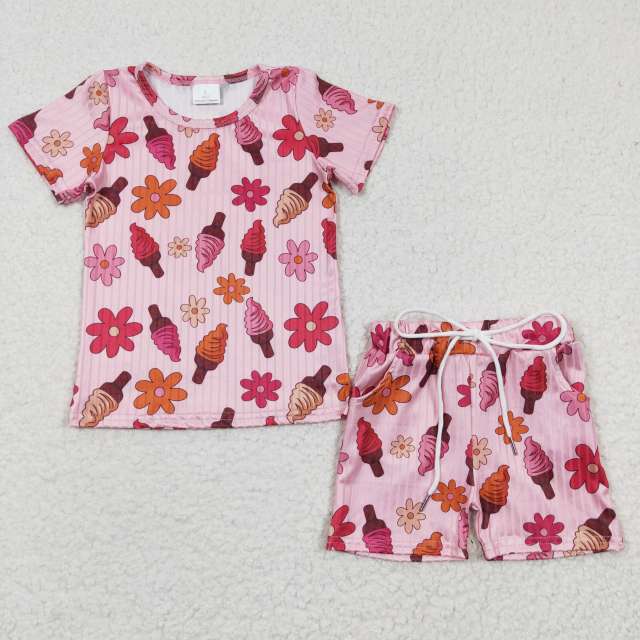 GSSO0230 Girls Ice Cream Flower Pink Short Sleeve Shorts Set summer boutique outfits