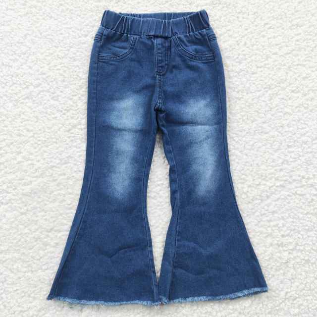 P0070 Girls Blue Bleached Denim Flare Pants Summer