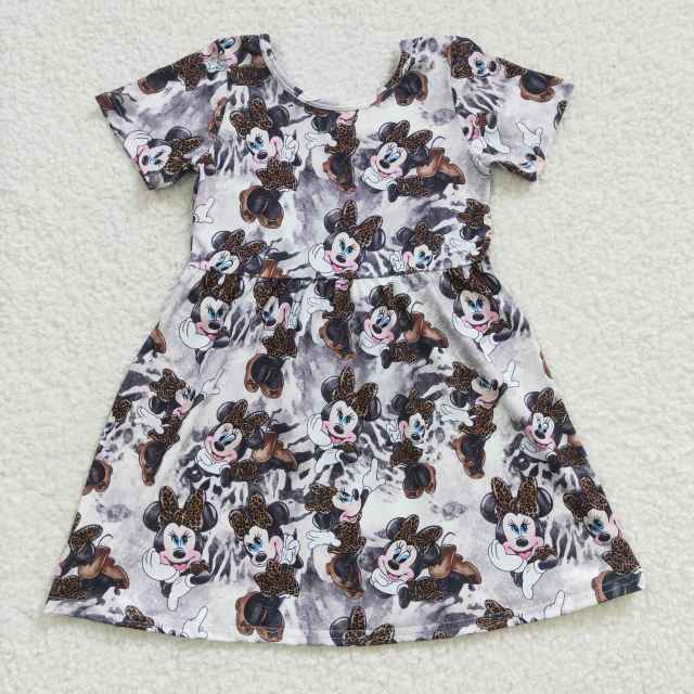 GSD0232 Girls Leopard Minnie Mickey Short Sleeve Dress