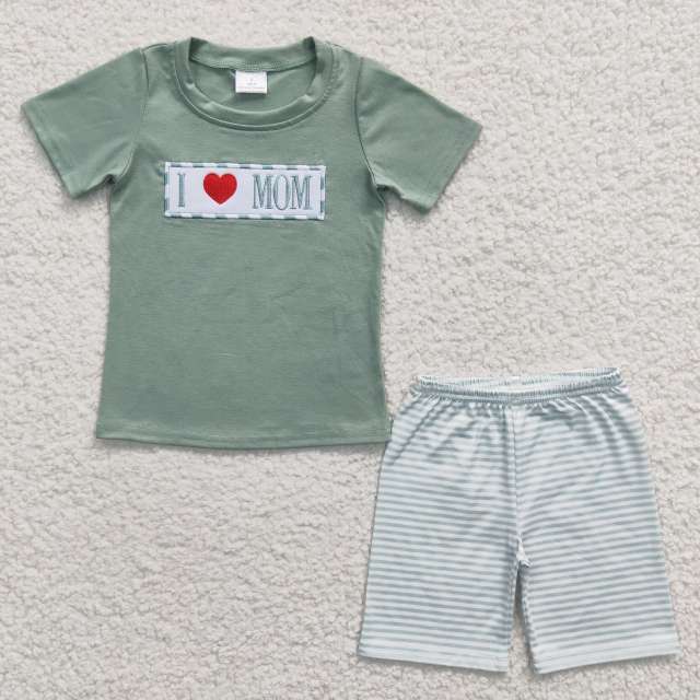 BSSO0173 Boys Embroidered Love MOM Green Short Sleeve Striped Shorts Set