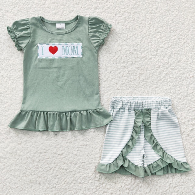 GSSO0189 Girls Embroidered Love MOM Green Short Sleeve Lace Striped Shorts Set