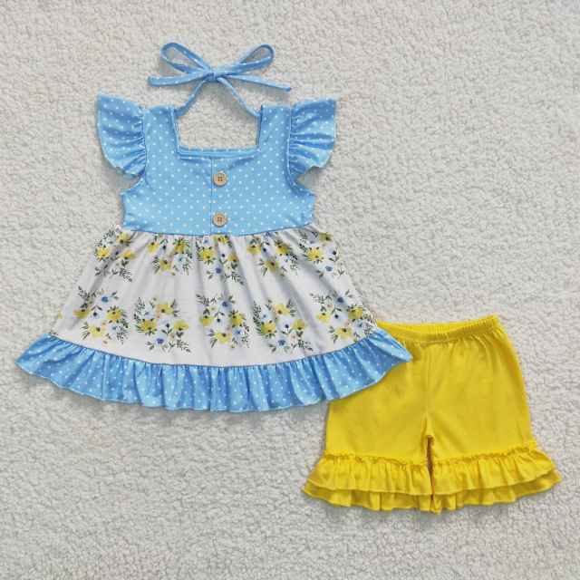 GSSO0220 girls blue flying sleeve yellow shorts set summer boutique outfits
