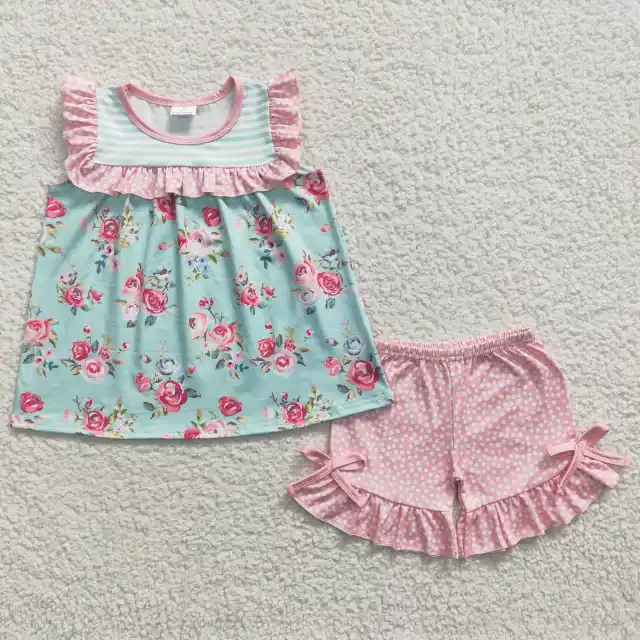 GSSO0215 Girls Floral Green Stripe Sleeveless Pink Shorts Summer Boutique Set