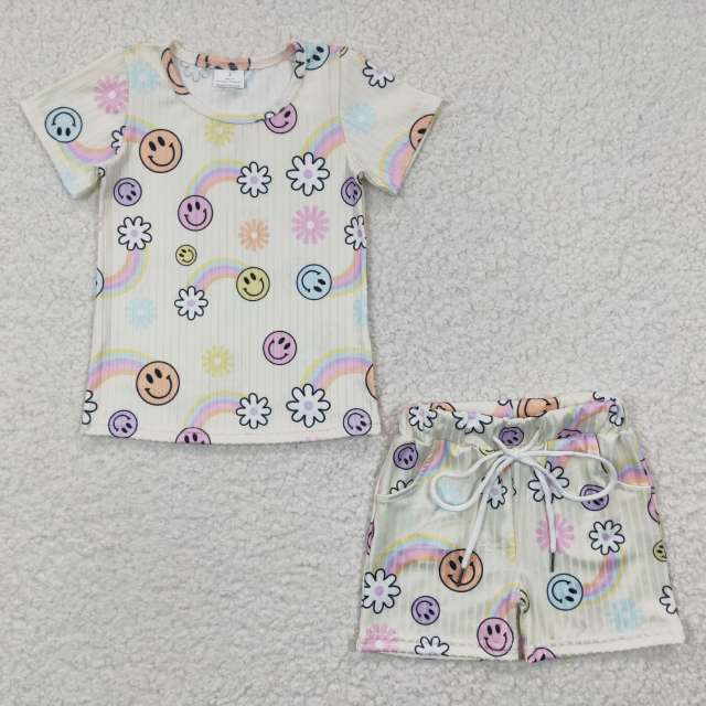 GSSO0229 girls smiley rainbow white short sleeve shorts set summer boutique outfits