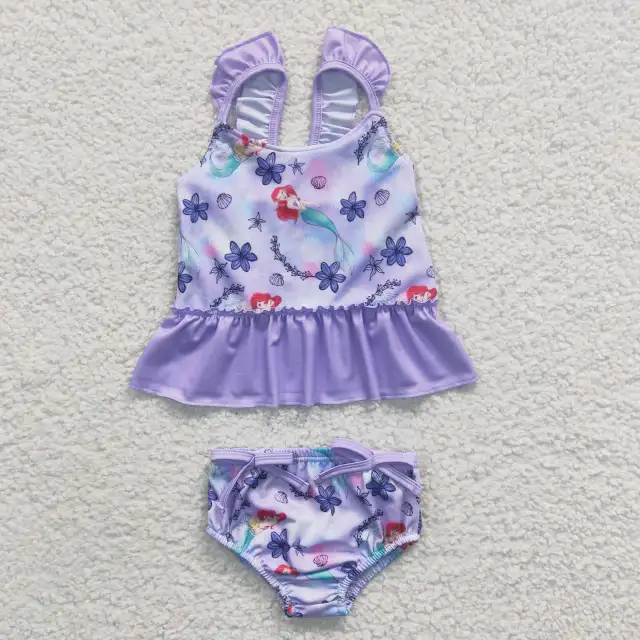 S0037 Girls Mermaid Purple Flower Summer Swimsuits Outfits