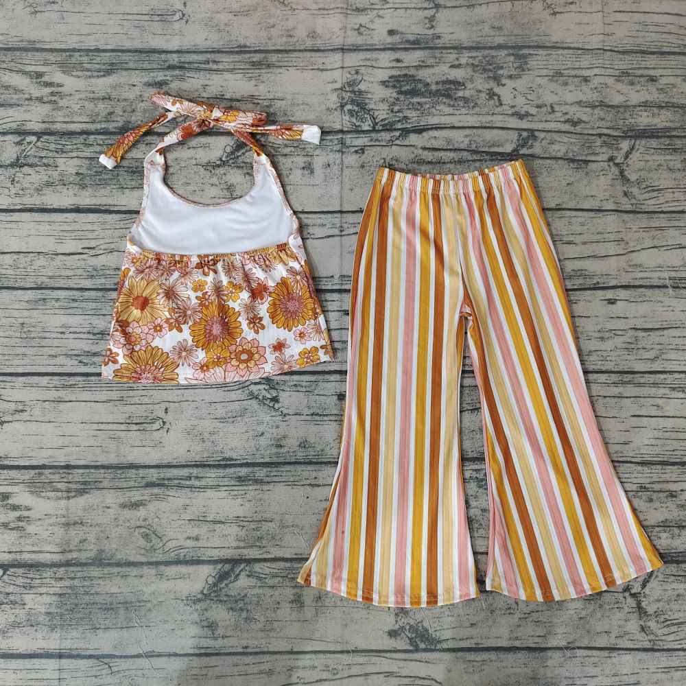 Girls Flower shoulder tie orange top vertical striped milk silk pants set