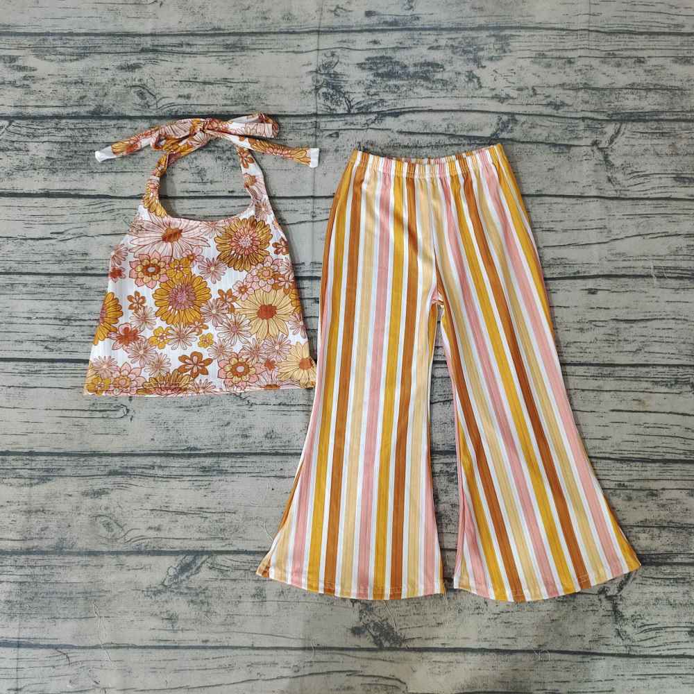 Girls Flower shoulder tie orange top vertical striped milk silk pants set
