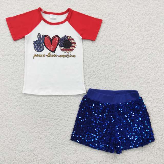 GT0108 SS0038 Girls' National Day peace love heart short-sleeved top royal blue sequined shorts summer clothes