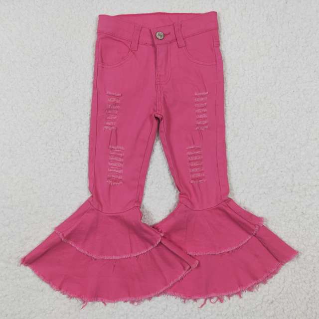 D14-14 Girls Double Layer Rose Frayed Denim Flared Pants