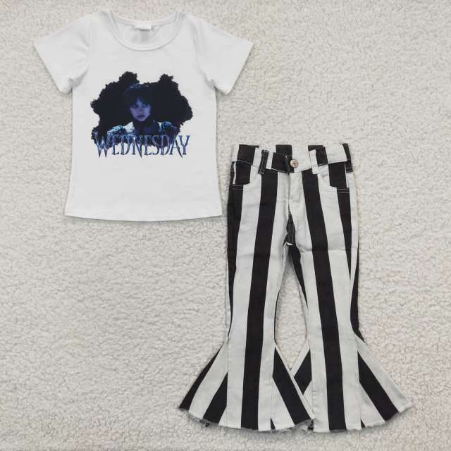 GT0171  	 P0046 girls WEDNESDAY white short sleeve top and black white striped jeans set
