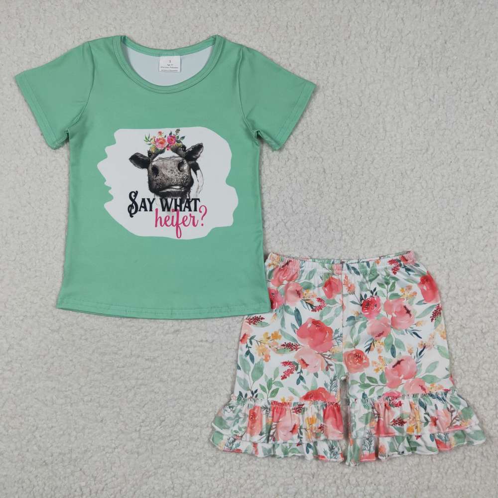 C4-16  Girls SAY WHAT bull head green short-sleeved flower shorts set summer boutique outfits