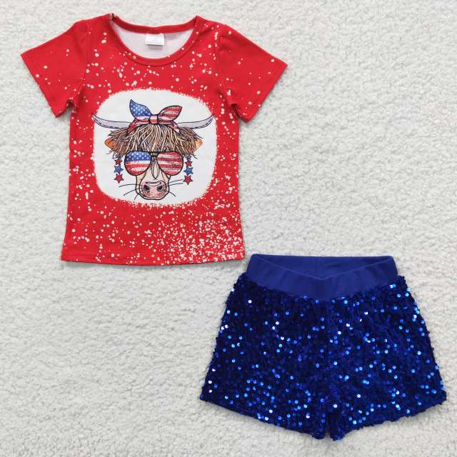 GT0114 SS0038 Girls' National Day cow sunglasses red short-sleeved top royal blue sequined shorts summer clothes