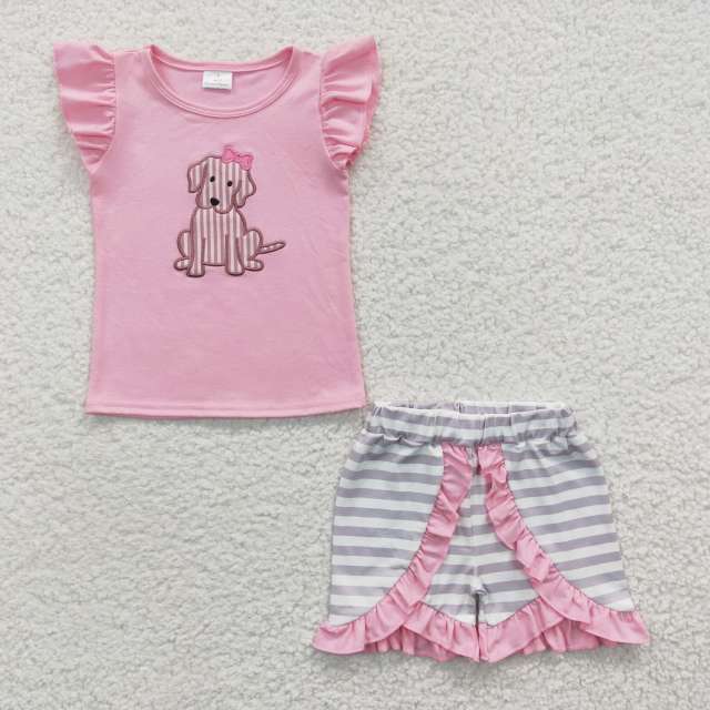 GSSO0223  Girls Embroidered Puppy Pink Flying Sleeve Shorts Set summer boutique outfits