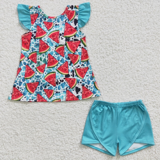 GSSO0137  Girls Watermelon Blue Flying Sleeve Shorts Set summer boutique outfits