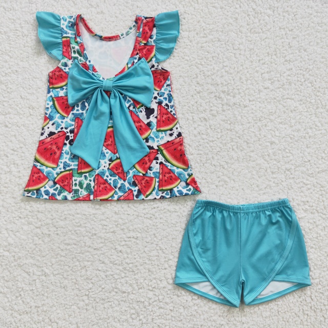GSSO0137  Girls Watermelon Blue Flying Sleeve Shorts Set summer boutique outfits