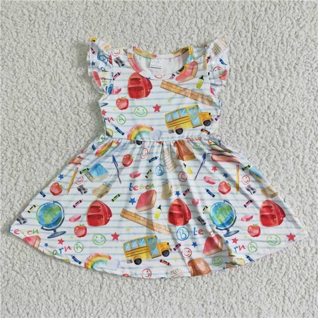 GSD0085 Girls back to school smiley flying sleeve dress summer clothes