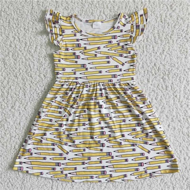BC0001 Girls Back to School Yellow Pencil Fly Sleeve Dress summer clothes