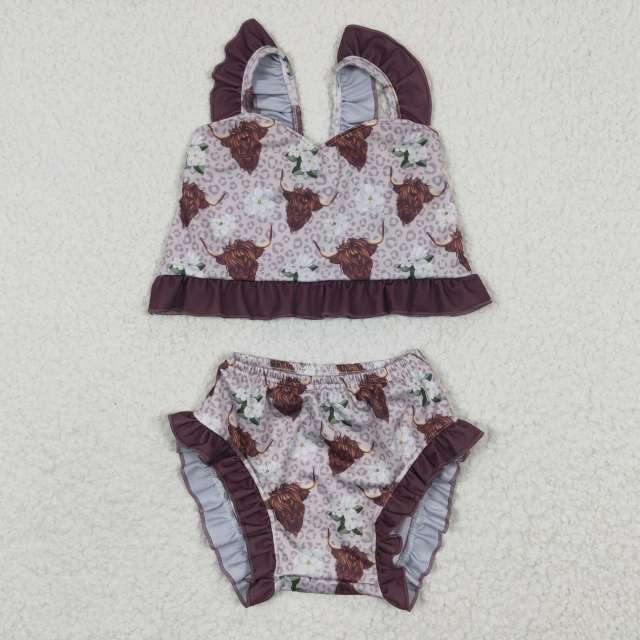 S0103 Girls Summer Clothes Alpine Flower Brown Swimsuit Outfits