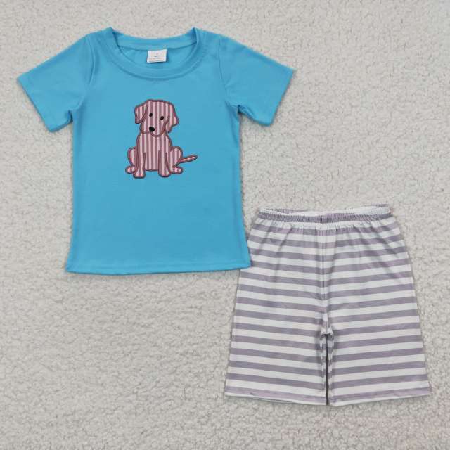 BSSO0214 Boys Embroidery Dog Blue Short Sleeve Stripe Shorts Set summer boutique outfits