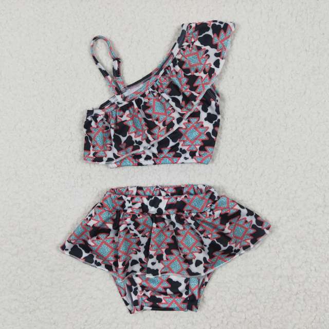 S0038 Girls Summer Clothes Cow Print Geometric Swimsuit Outfits