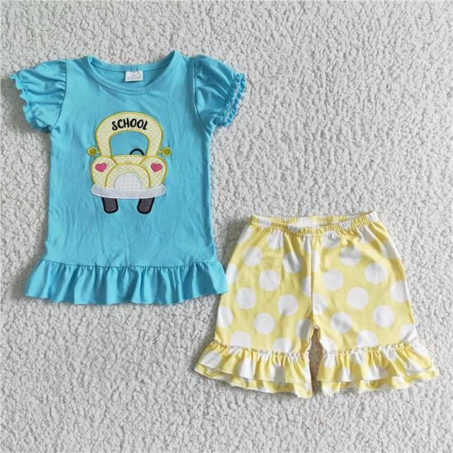 D12-26  Girls Blue embroidery school bus yellow polka dot suit summer boutique outfits