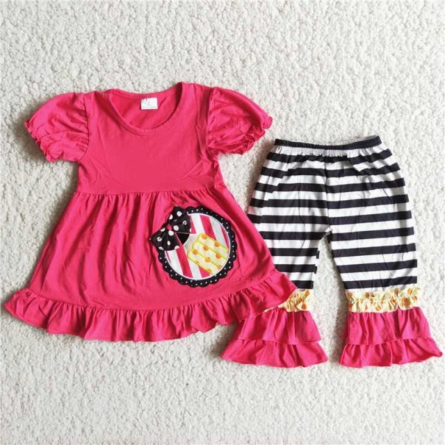 C10-23 Girls Back To School Red Embroidery Pencil Puff Sleeves Lace Stripe Pants Summer Set