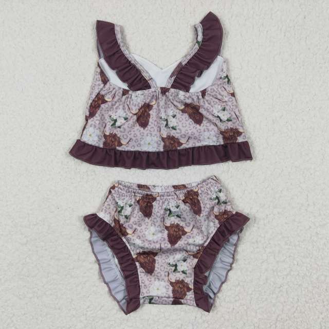 S0103 Girls Summer Clothes Alpine Flower Brown Swimsuit Outfits