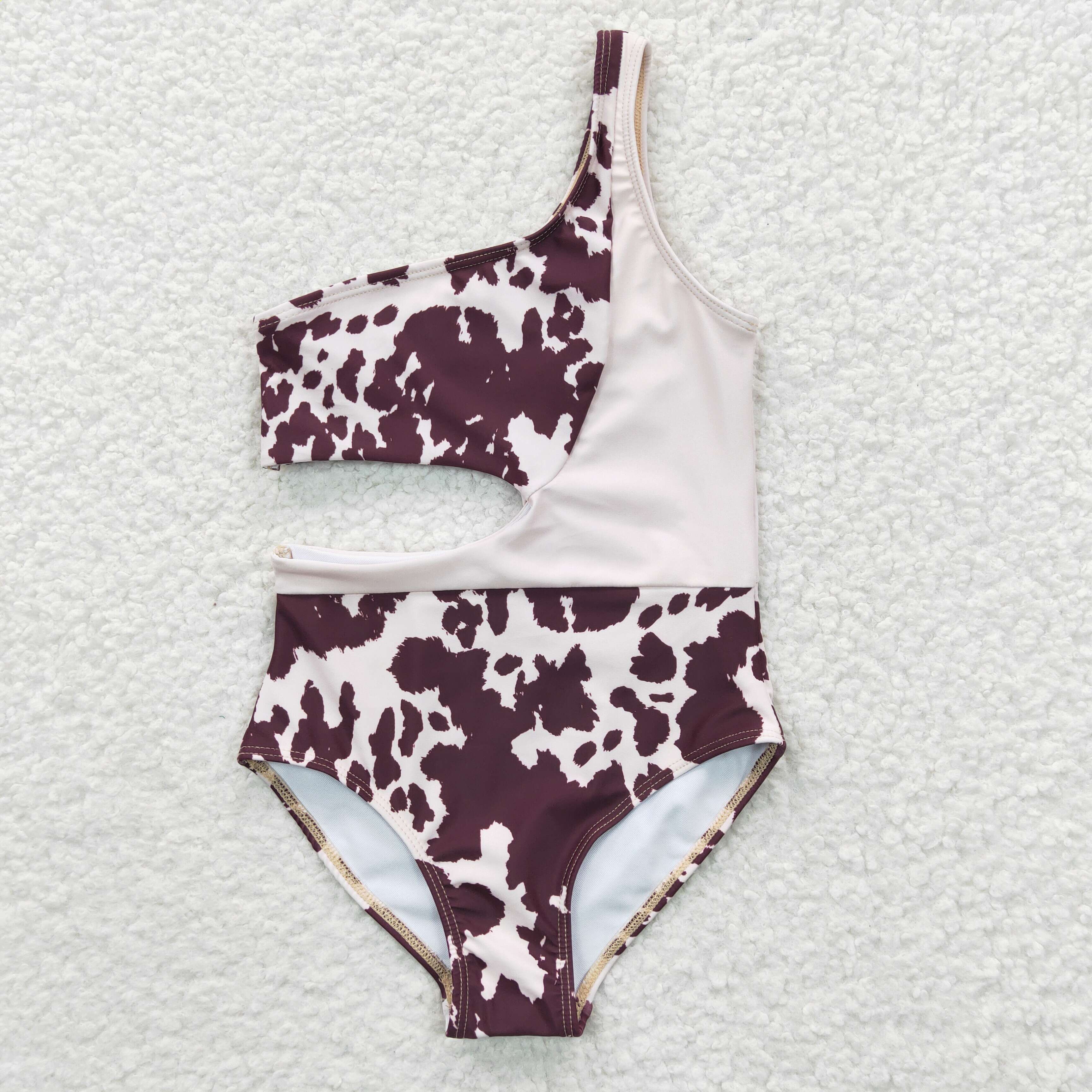S0129  Girls Summer Clothes Ink Pattern Brown One-Piece Swimsuit Outfits