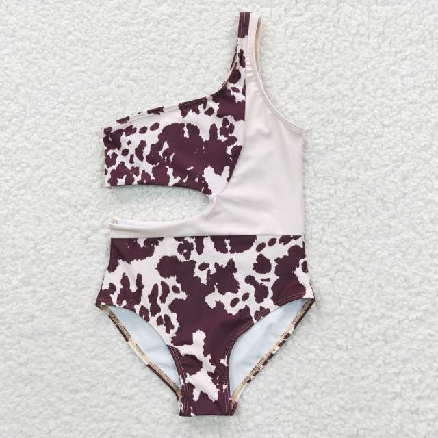 S0129  Girls Summer Clothes Ink Pattern Brown One-Piece Swimsuit Outfits