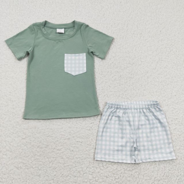 BSSO0236 Boys Pocket Green Short Sleeve Grid Shorts Set summer boutique outfits