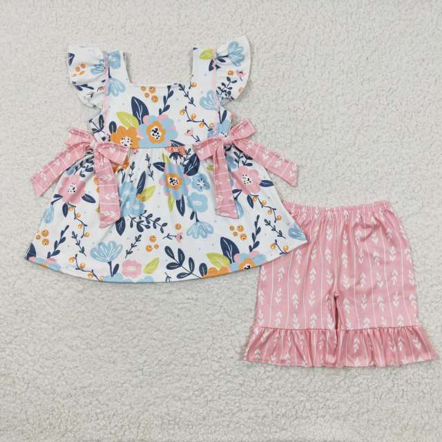GSSO0241 Girls Flower Leafs Bow Tie Vest Top Pink Short Set summer boutique outfits