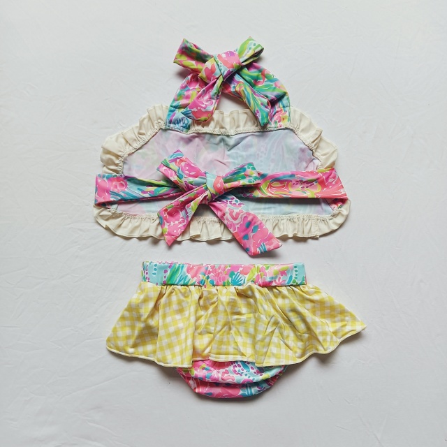 E10-20 Girls Tie-Dye Watercolor Plaid Lace-Up Swimsuit Set