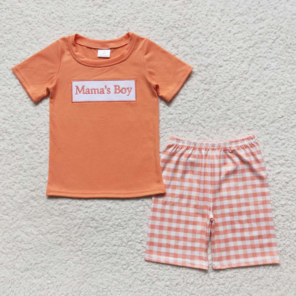 BSSO0228 Boys mamas Orange Short Sleeve Grid Shorts Set summer boutique outfits