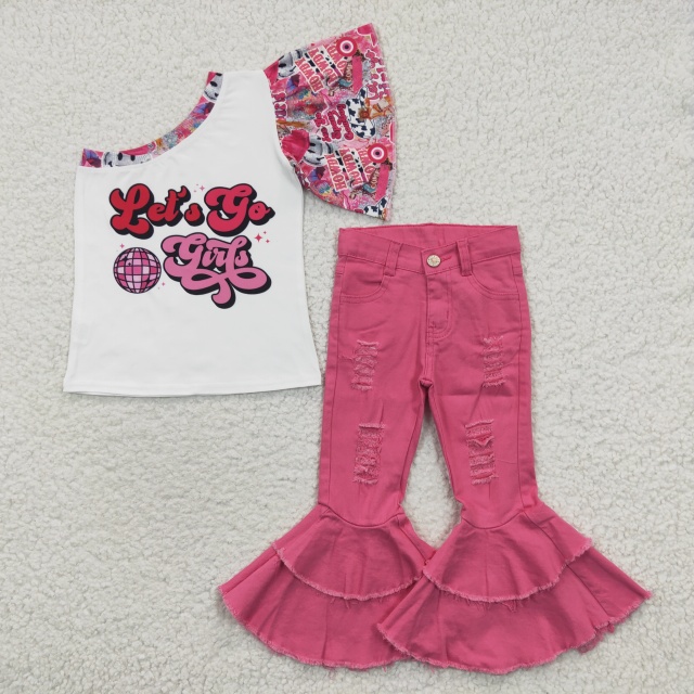 GT0167 	 D14-14  Girls Lets go Lantern One Sleeve Top Double Layer Rose Frayed Denim Flared Pants